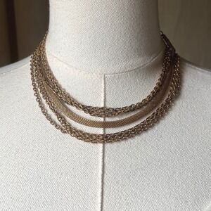 Vintage Gold Multi Chain Draped Choker Necklace Layered Mesh 15-17.5" Collar